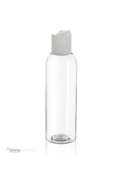 150 ml-es átlátszó műanyag flakon fehér színű billenős disc-top kupakkal