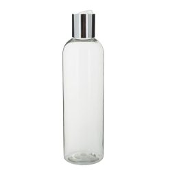   250 ml-es átlátszó műanyag flakon + ezüst színű billenős disc top kupak