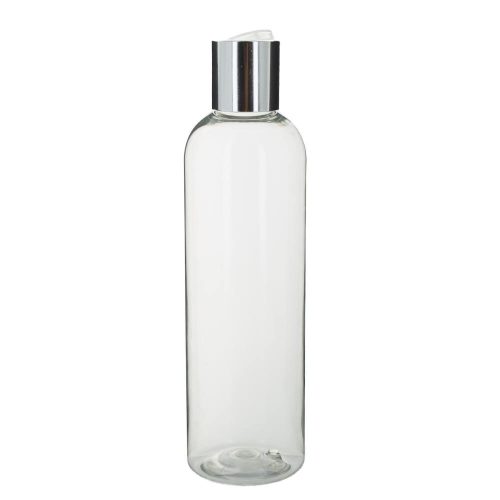 250 ml-es átlátszó műanyag flakon + ezüst színű billenős disc top kupak