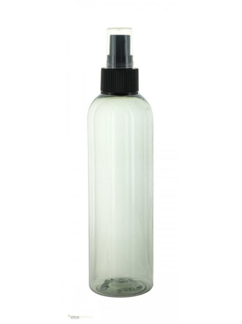 250 ml-es átlátszó műanyag flakon fekete színű szórófejjel, átlátszó védőkupakkal