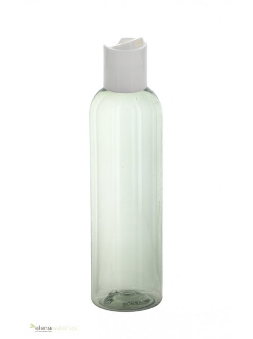 250 ml-es átlátszó műanyag flakon fehér színű billenős disc-top kupakkal