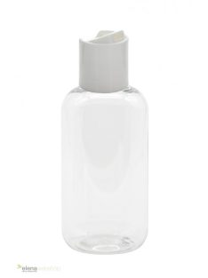   150 ml-es átlátszó tömzsi műanyag flakon fehér színű billenős disc-top kupakkal