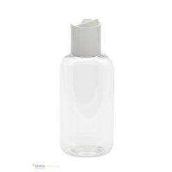   150 ml-es átlátszó tömzsi műanyag flakon fehér színű billenős disc-top kupakkal