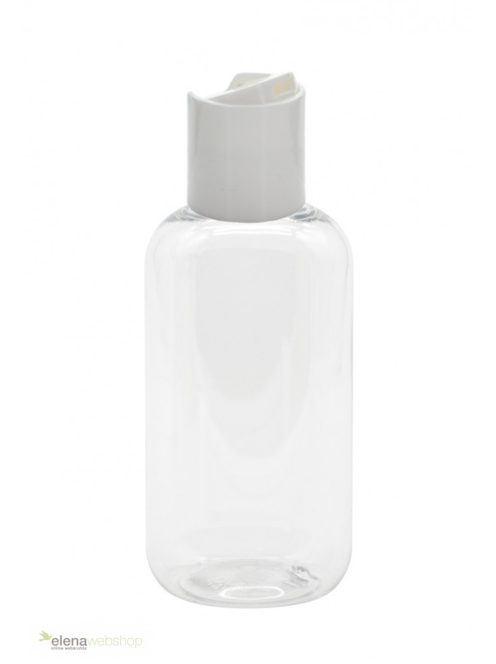 150 ml-es átlátszó tömzsi műanyag flakon fehér színű billenős disc-top kupakkal