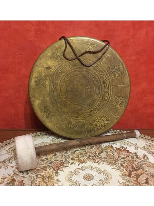 Kézzel készített 7 fémes mantrával díszített tibeti gong - 26 cm
