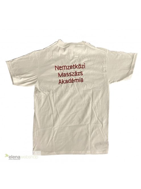 Hátul "Nemzetközi Masszázs Akadémia" felirattal hímzett, fehér, környakú póló