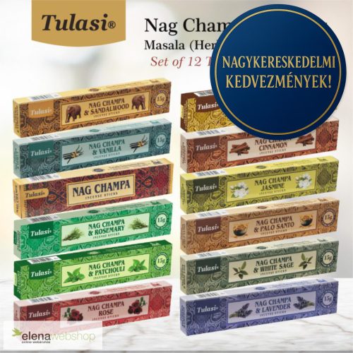 Tulasi Nag Champa Delights Füstölő Ajándékcsomag 12 illat (10 csomag, 1800 szál füstölő)